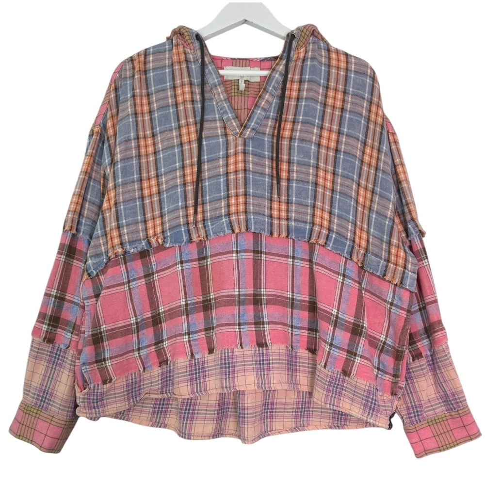 One Teaspoon Acid Wash Patchwork Plaid Pullover Hoodie Womens M Cotton Oversized